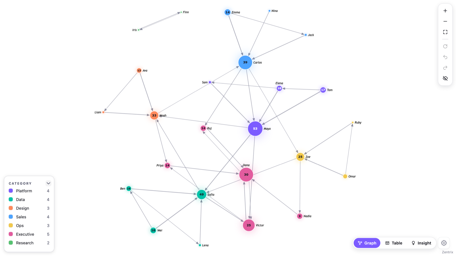 The Zentrix Network Graph running in Power BI